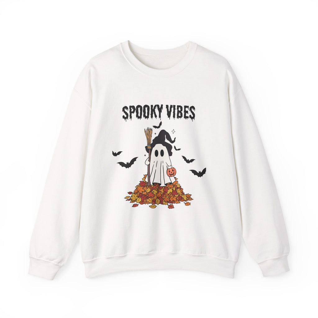 Spooky Vibes Sweatshirt — Cute Ghost & Fall Leaves Halloween Crewneck
