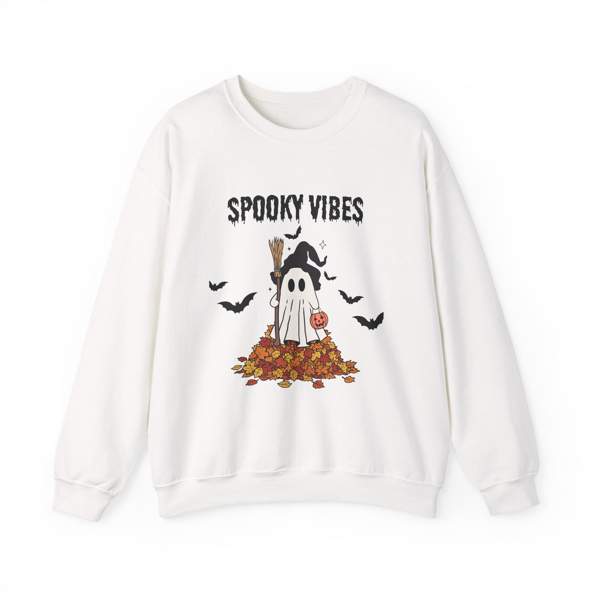 Spooky Vibes Sweatshirt — Cute Ghost & Fall Leaves Halloween Crewneck