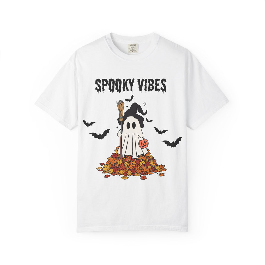 Spooky Vibes Ghost Tee — Halloween Ghost & Fall Leaves T-Shirt