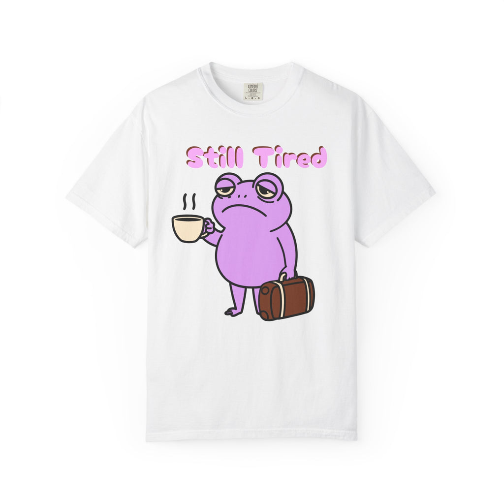 Still Tired Frog T-Shirt — Cute Exhausted Frog with Coffee & Luggage Graphic