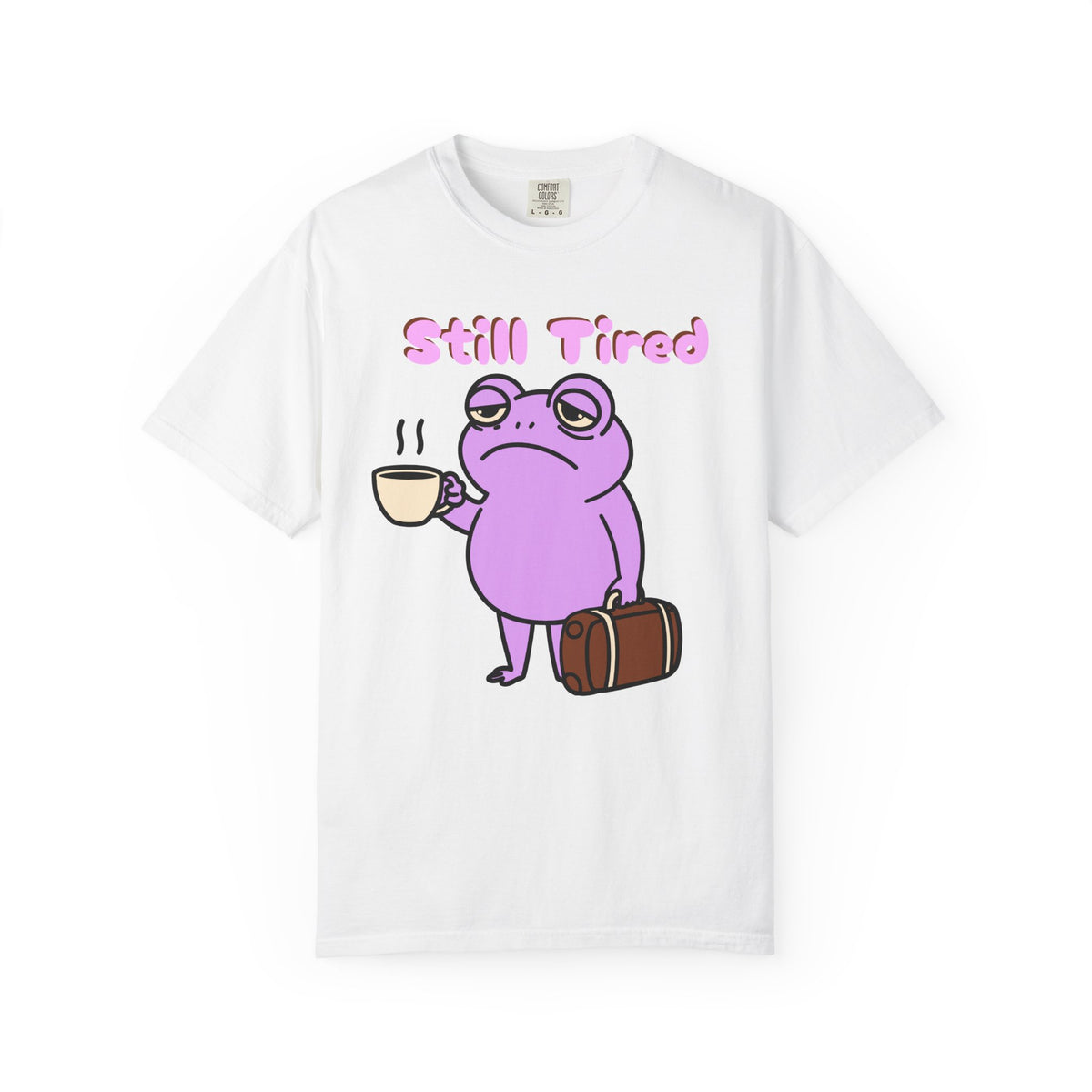 Still Tired Frog T-Shirt — Cute Exhausted Frog with Coffee & Luggage Graphic