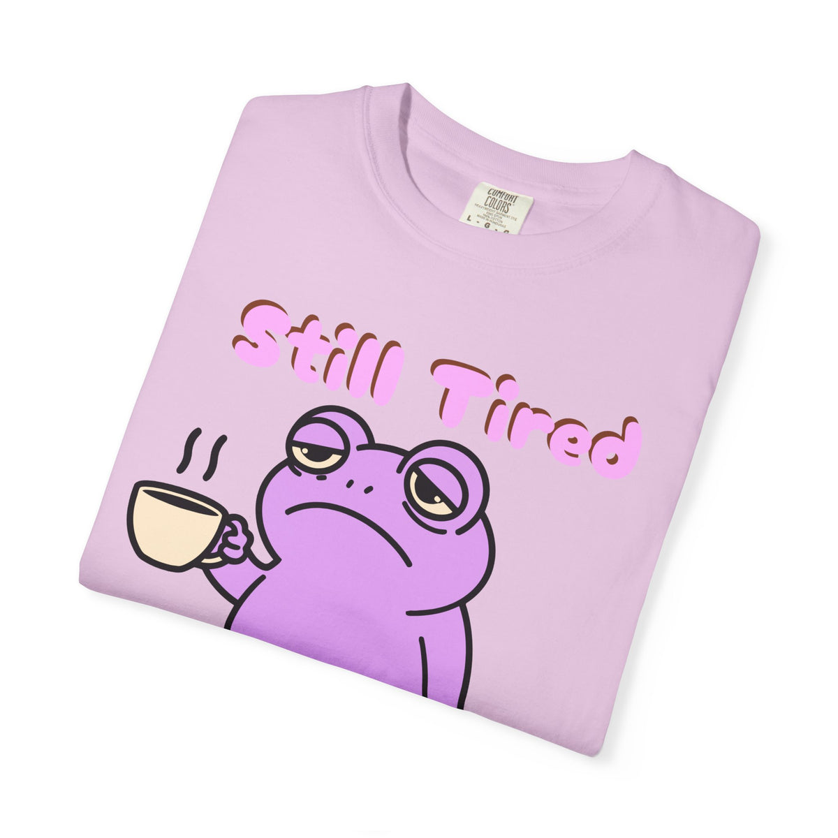 Still Tired Frog T-Shirt — Cute Exhausted Frog with Coffee & Luggage Graphic