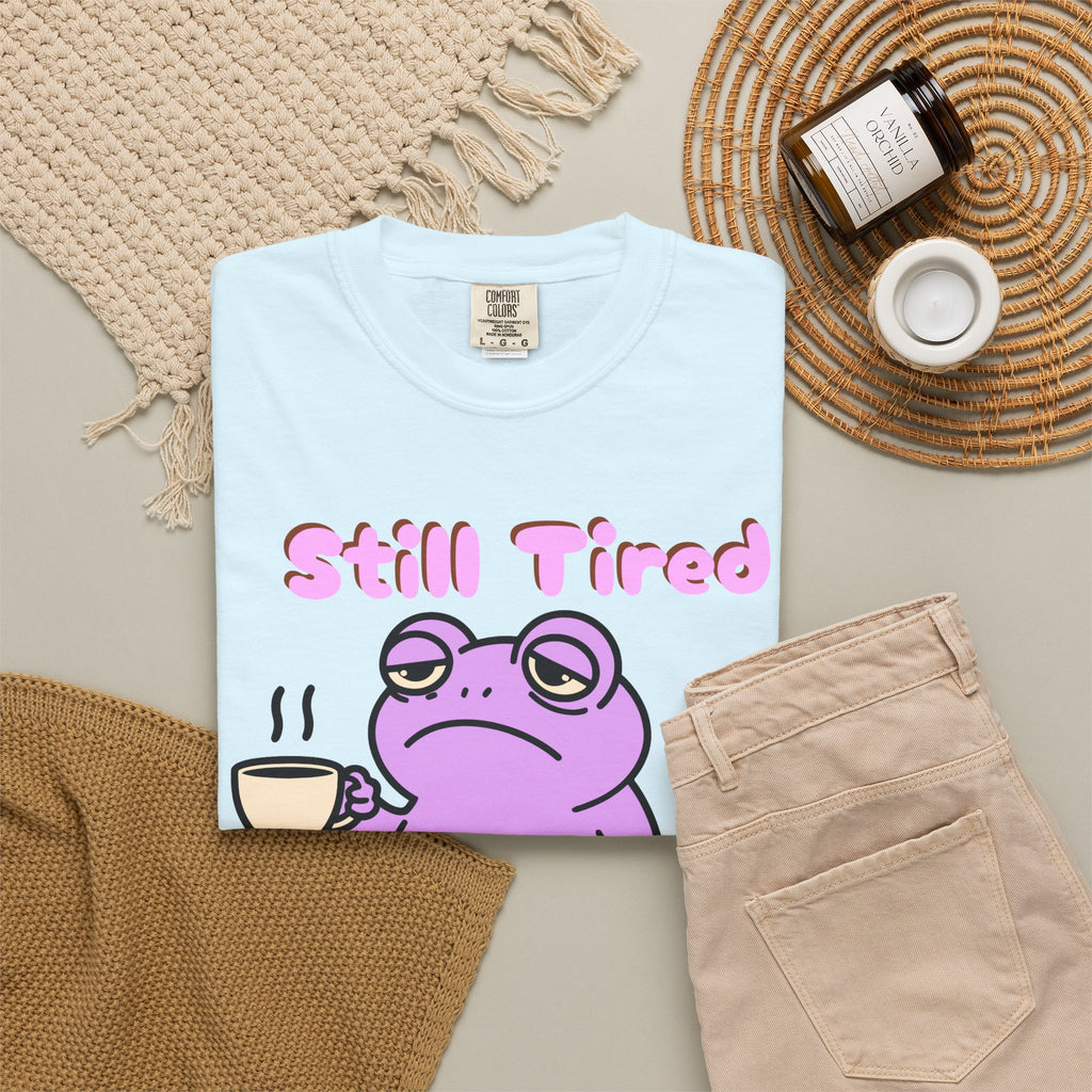 Still Tired Frog T-Shirt — Cute Exhausted Frog with Coffee & Luggage Graphic