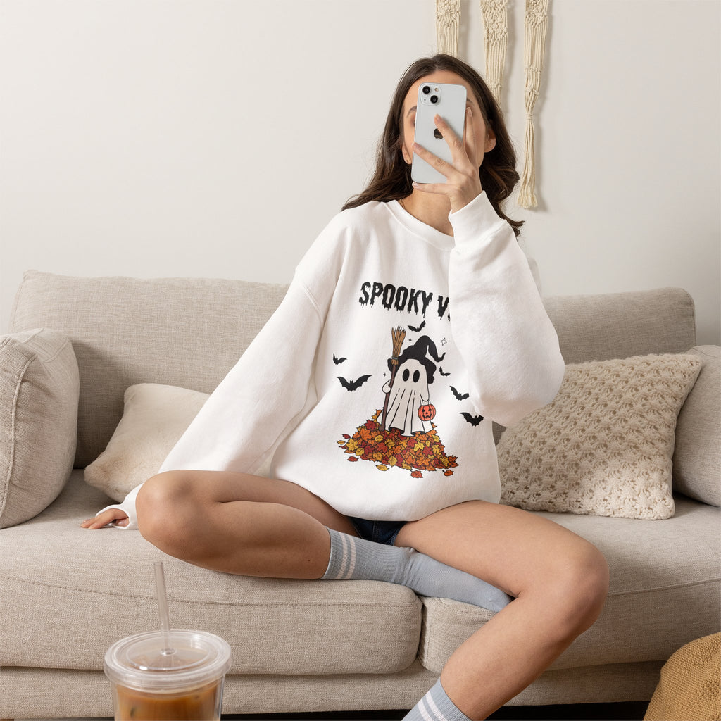 Spooky Vibes Sweatshirt — Cute Ghost & Fall Leaves Halloween Crewneck