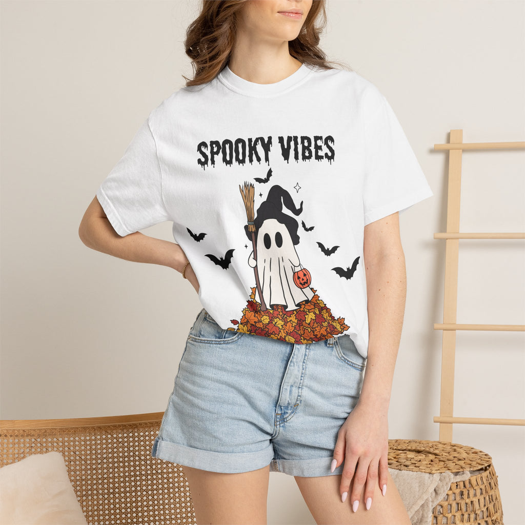 Spooky Vibes Ghost Tee — Halloween Ghost & Fall Leaves T-Shirt