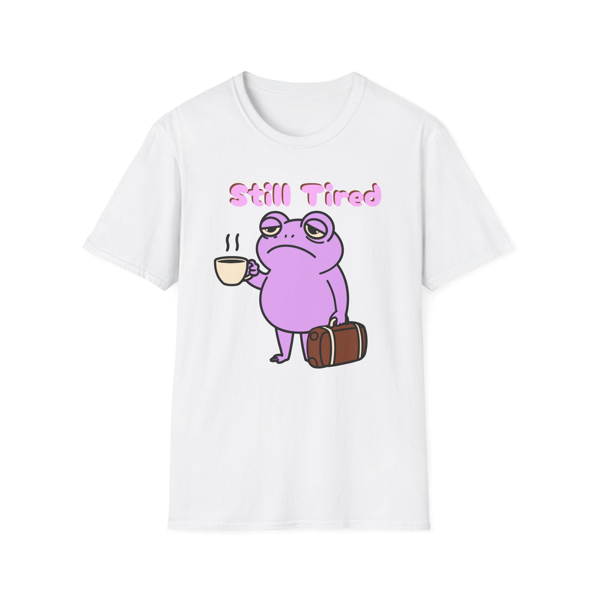 Still Tired Frog T‑Shirt — Cute Pink Frog with Coffee Graphic