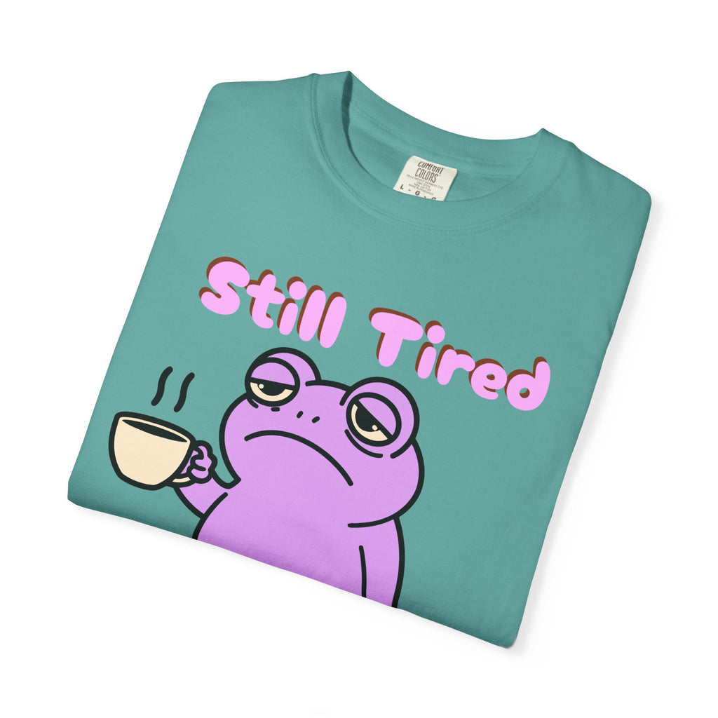 Still Tired Frog T-Shirt — Cute Exhausted Frog with Coffee & Luggage Graphic