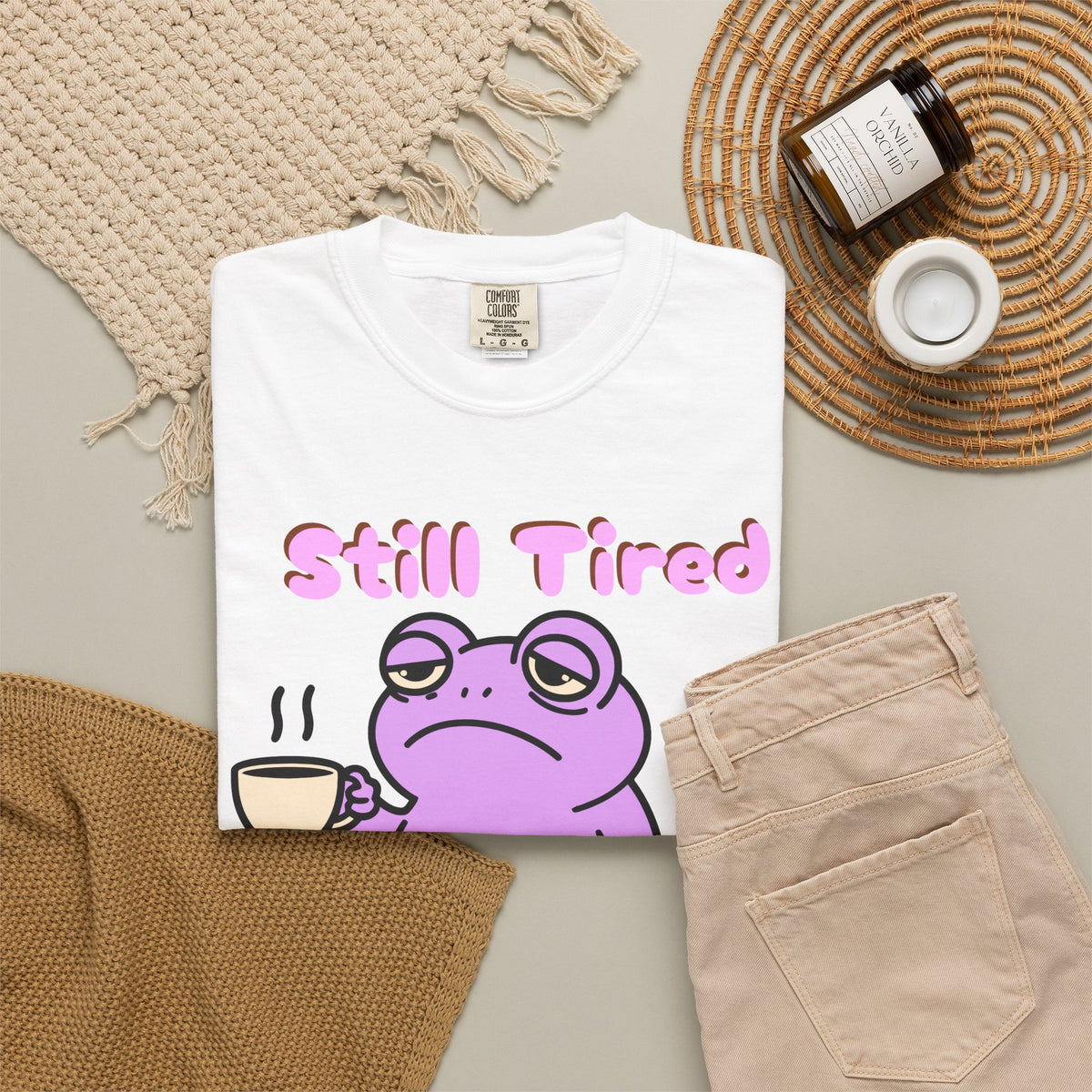 Still Tired Frog T-Shirt — Cute Exhausted Frog with Coffee & Luggage Graphic