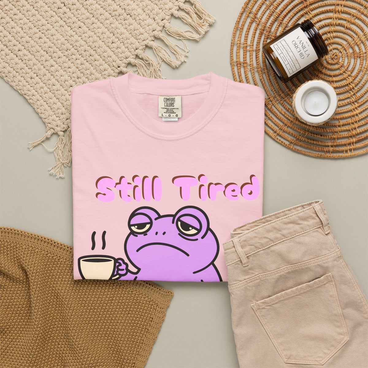 Still Tired Frog T-Shirt — Cute Exhausted Frog with Coffee & Luggage Graphic