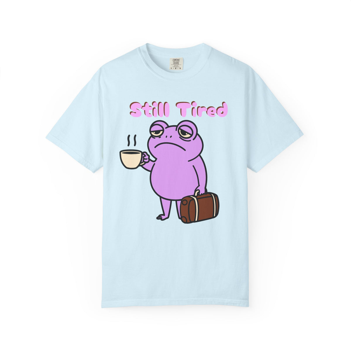 Still Tired Frog T-Shirt — Cute Exhausted Frog with Coffee & Luggage Graphic