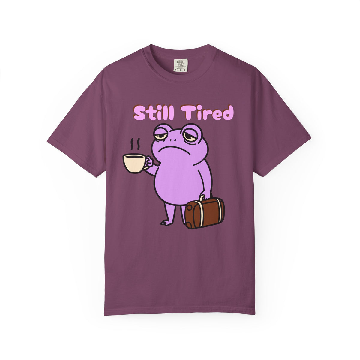 Still Tired Frog T-Shirt — Cute Exhausted Frog with Coffee & Luggage Graphic