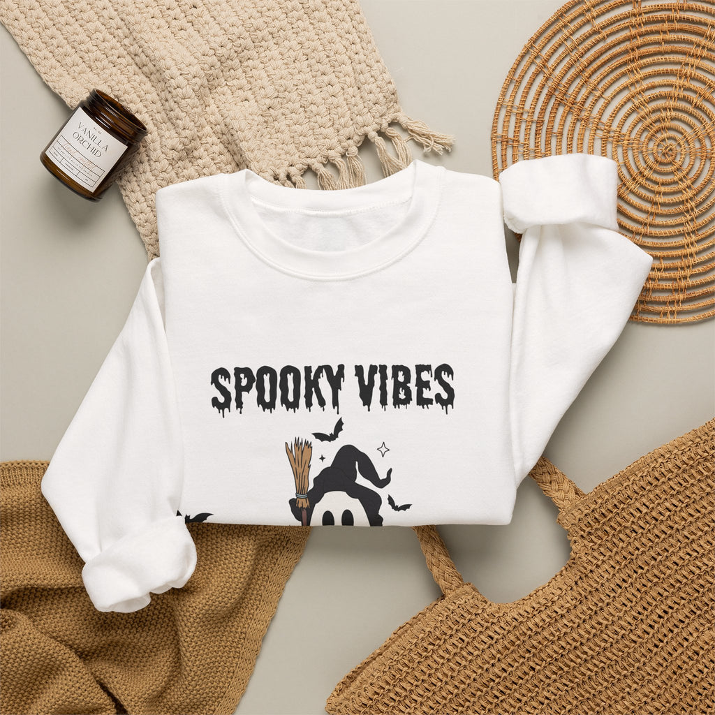 Spooky Vibes Sweatshirt — Cute Ghost & Fall Leaves Halloween Crewneck