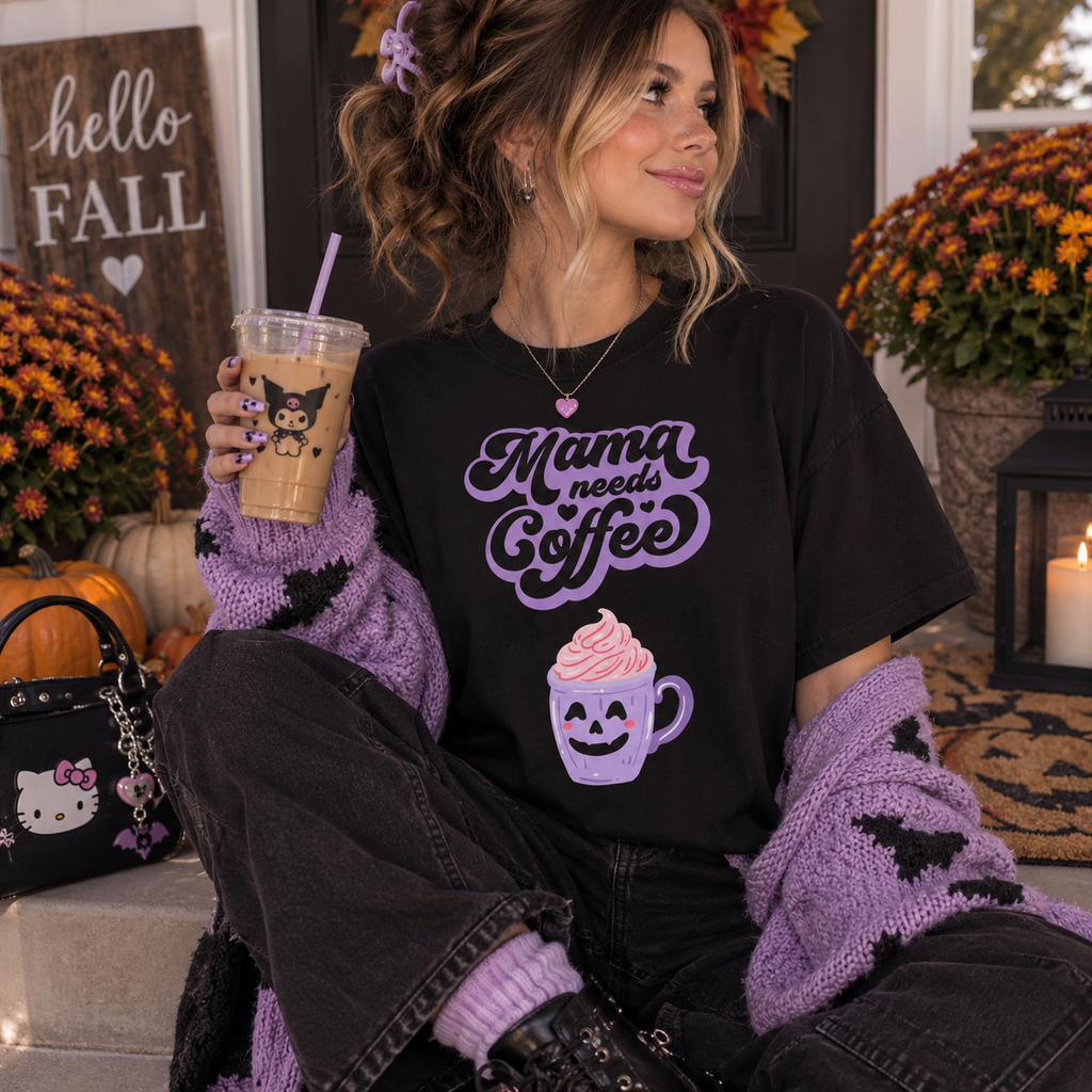 Mama Needs Coffee T‑Shirt — Cute Halloween Coffee Mug Graphic Tee