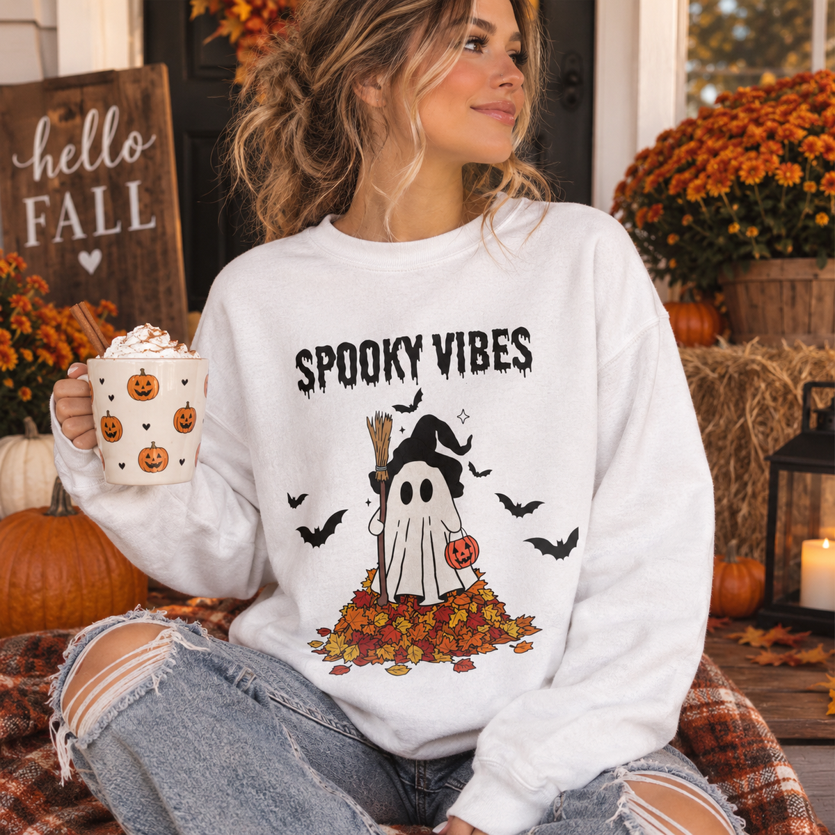 Spooky Vibes Sweatshirt — Cute Ghost & Fall Leaves Halloween Crewneck