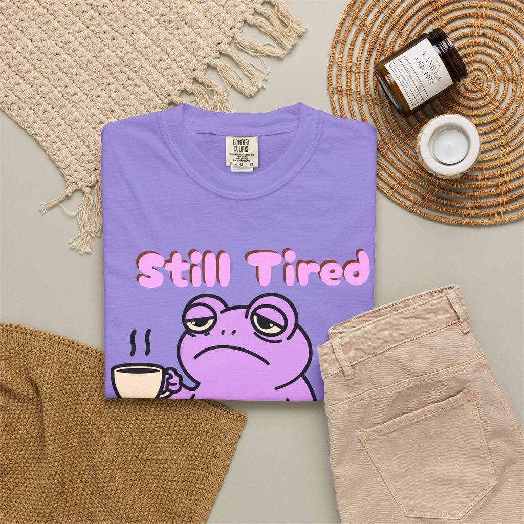 Still Tired Frog T-Shirt — Cute Exhausted Frog with Coffee & Luggage Graphic