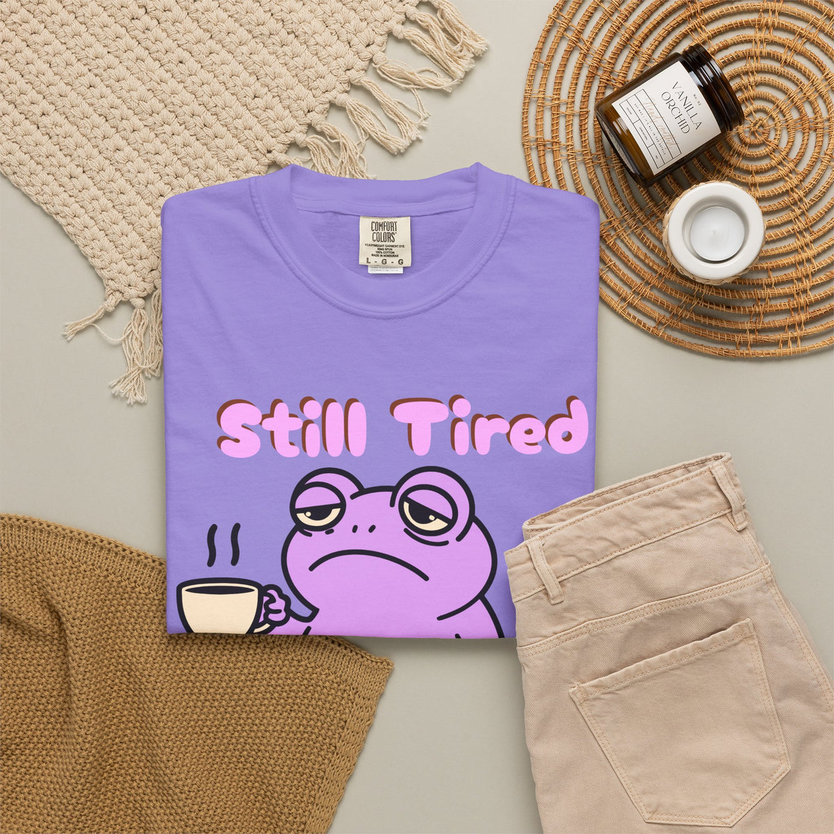 Still Tired Frog T-Shirt — Cute Exhausted Frog with Coffee & Luggage Graphic
