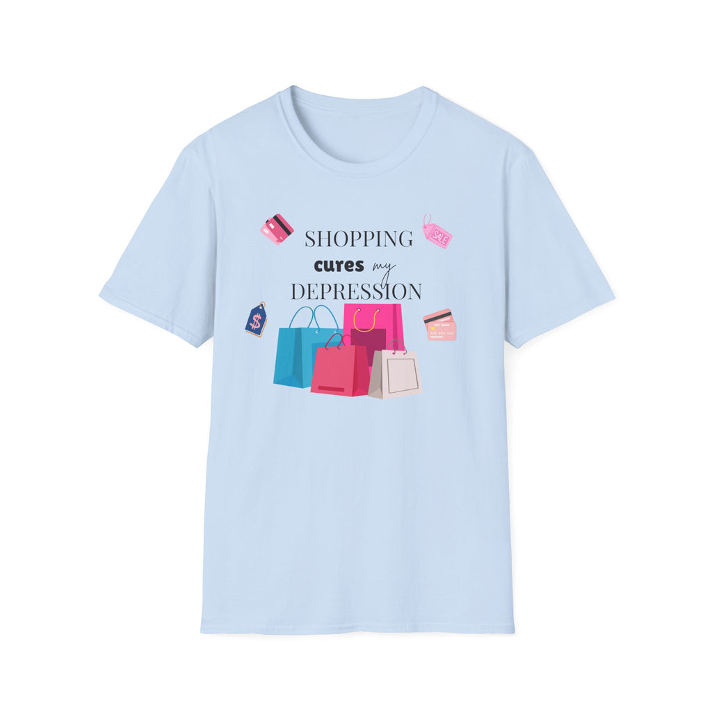 Shopping Cures My Depression T-Shirt — Funny Retail Therapy Graphic Tee