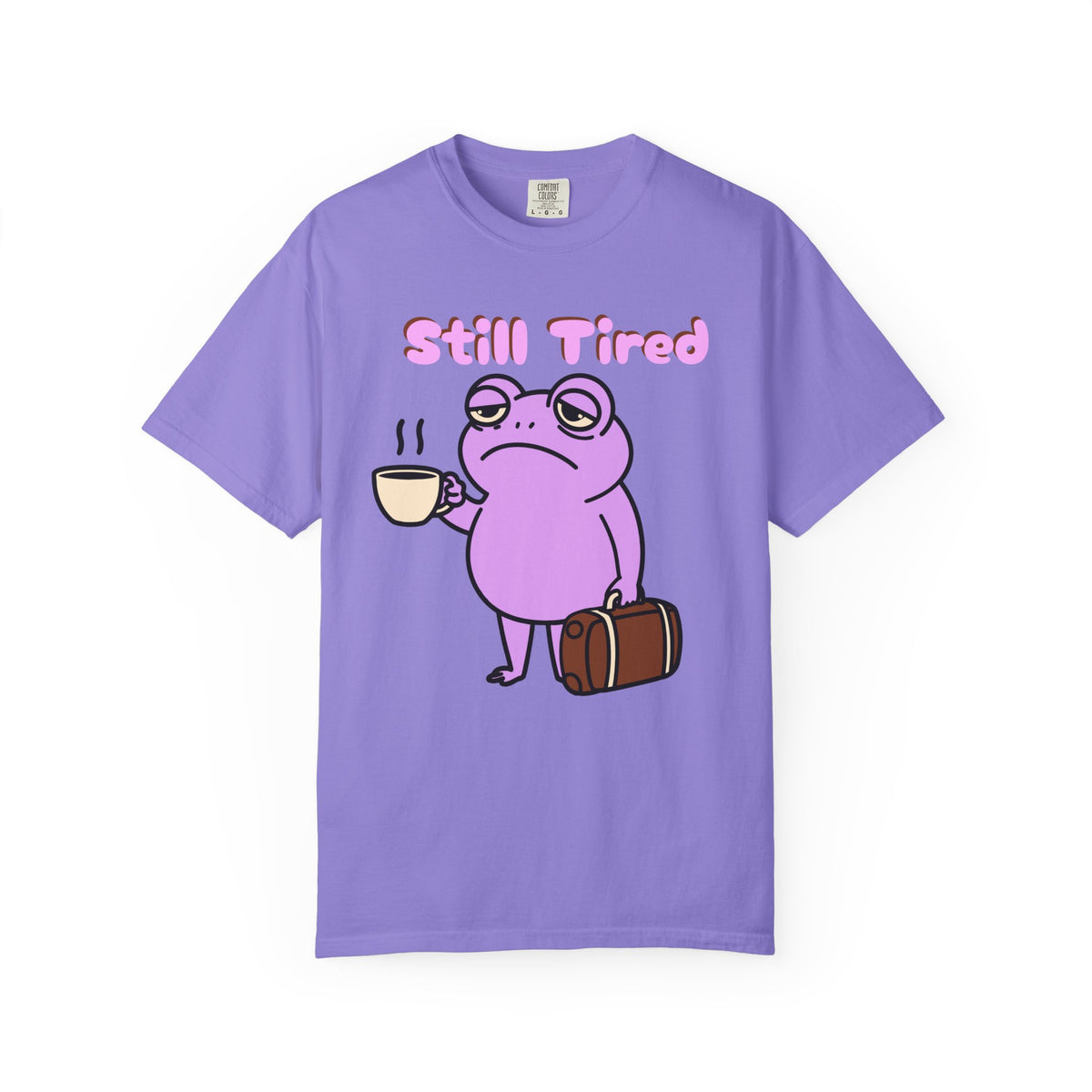Still Tired Frog T-Shirt — Cute Exhausted Frog with Coffee & Luggage Graphic