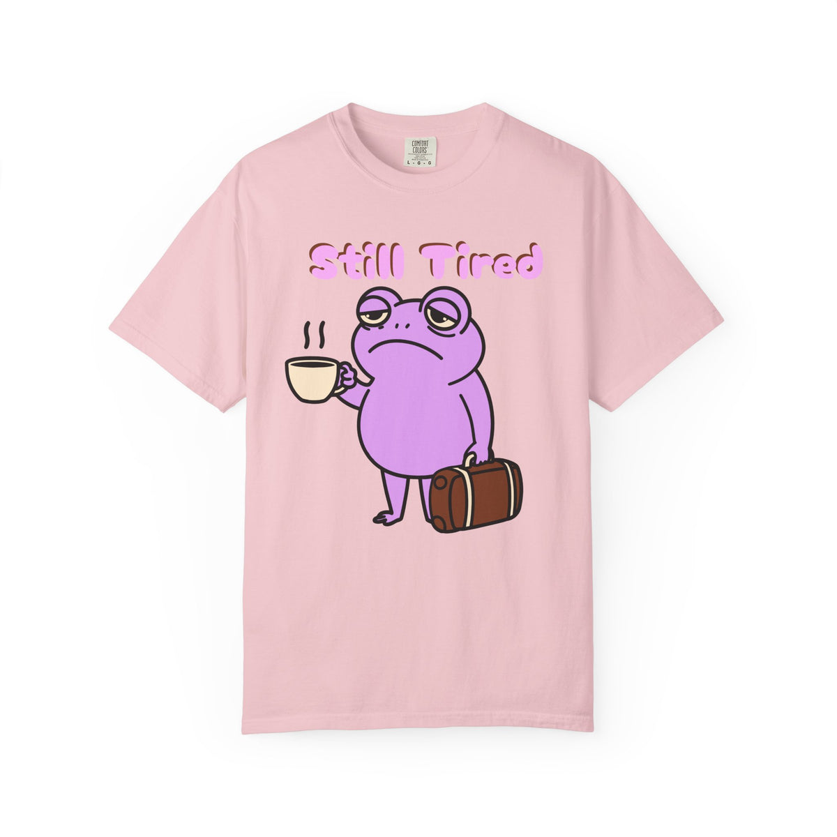 Still Tired Frog T-Shirt — Cute Exhausted Frog with Coffee & Luggage Graphic