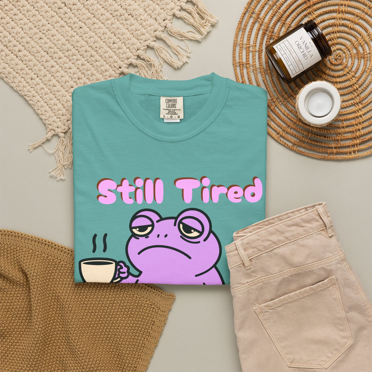 Still Tired Frog T-Shirt — Cute Exhausted Frog with Coffee & Luggage Graphic