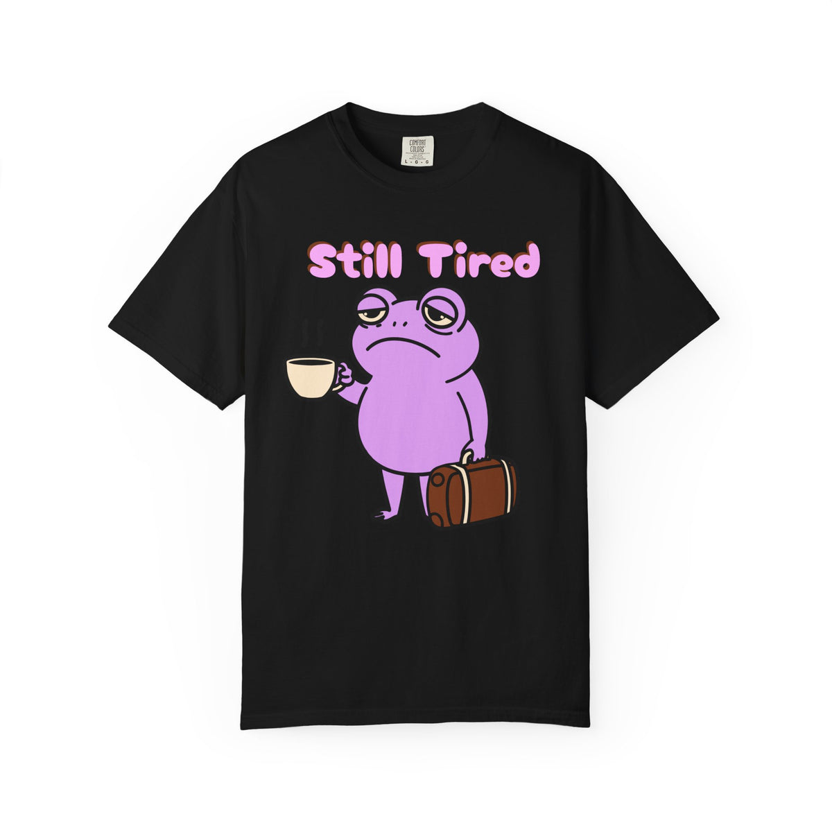 Still Tired Frog T-Shirt — Cute Exhausted Frog with Coffee & Luggage Graphic
