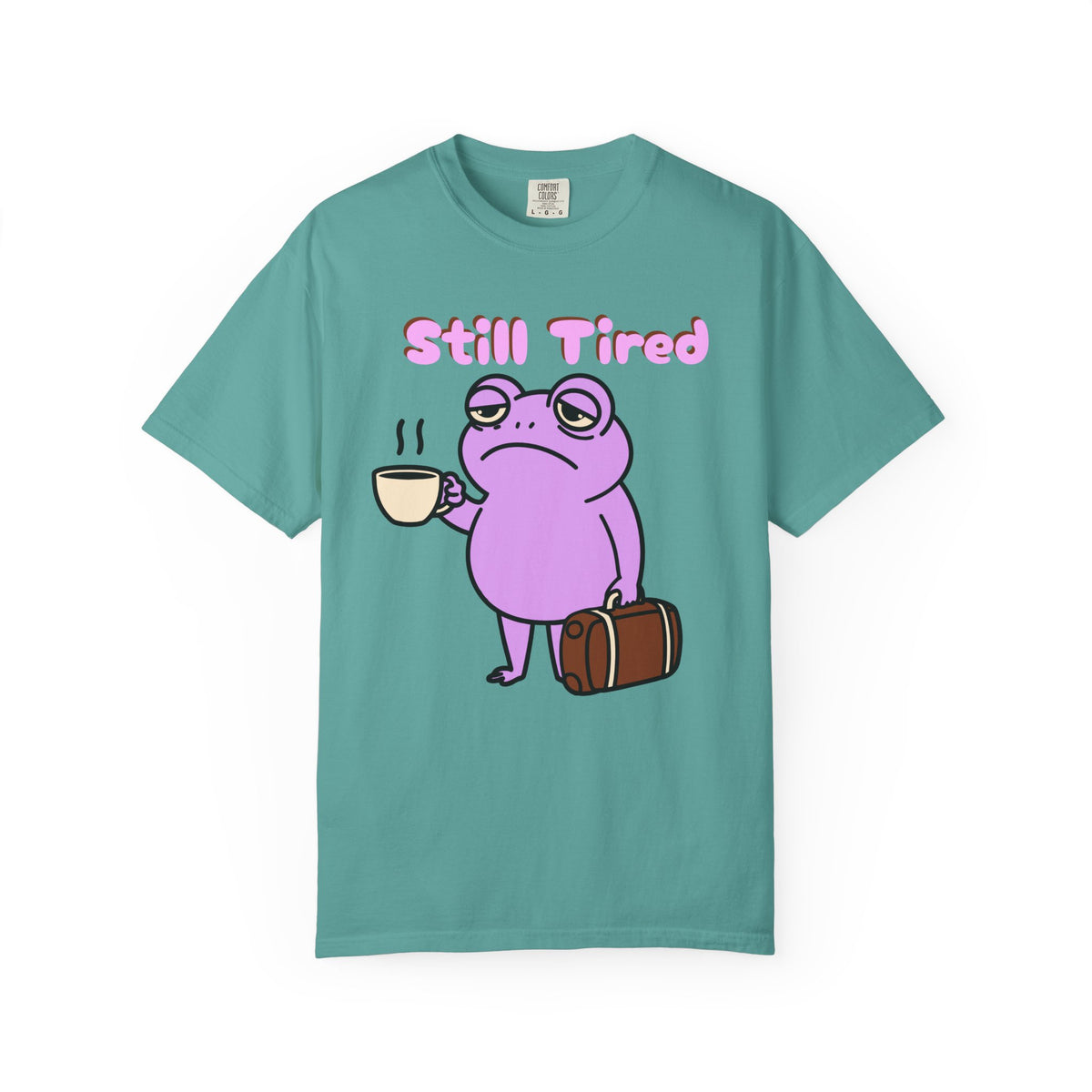 Still Tired Frog T-Shirt — Cute Exhausted Frog with Coffee & Luggage Graphic