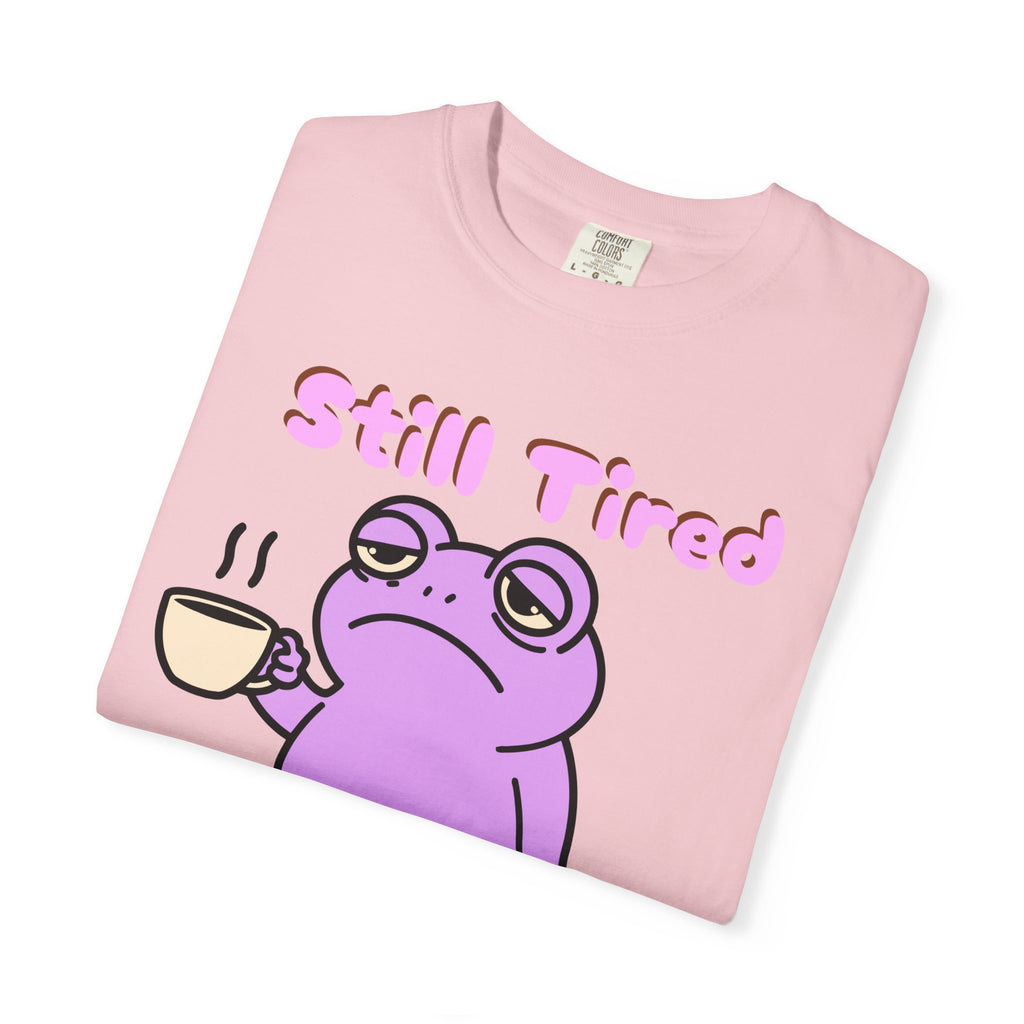 Still Tired Frog T-Shirt — Cute Exhausted Frog with Coffee & Luggage Graphic