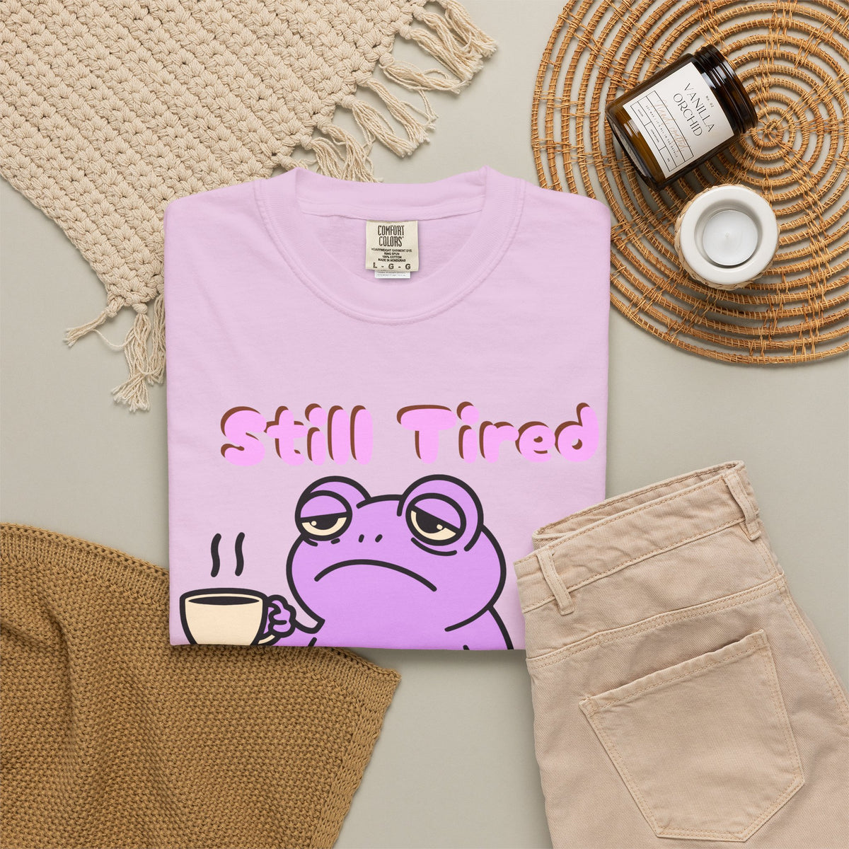 Still Tired Frog T-Shirt — Cute Exhausted Frog with Coffee & Luggage Graphic
