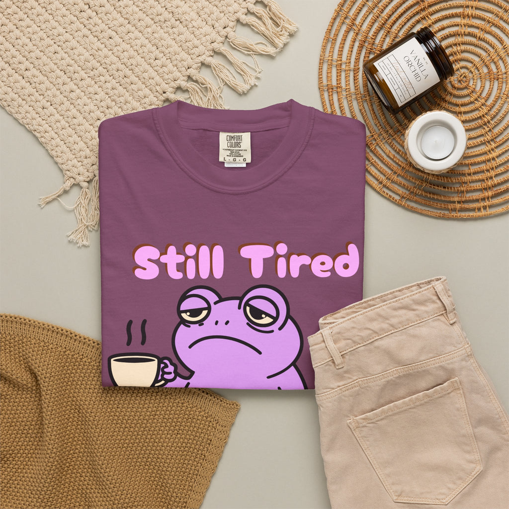 Still Tired Frog T-Shirt — Cute Exhausted Frog with Coffee & Luggage Graphic