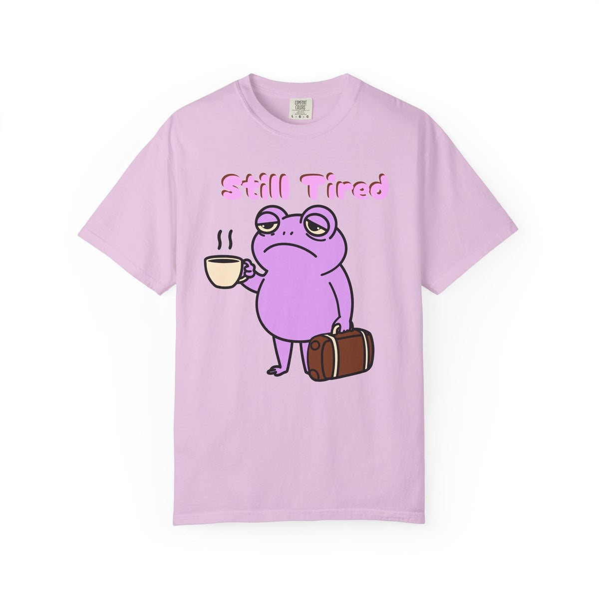 Still Tired Frog T-Shirt — Cute Exhausted Frog with Coffee & Luggage Graphic