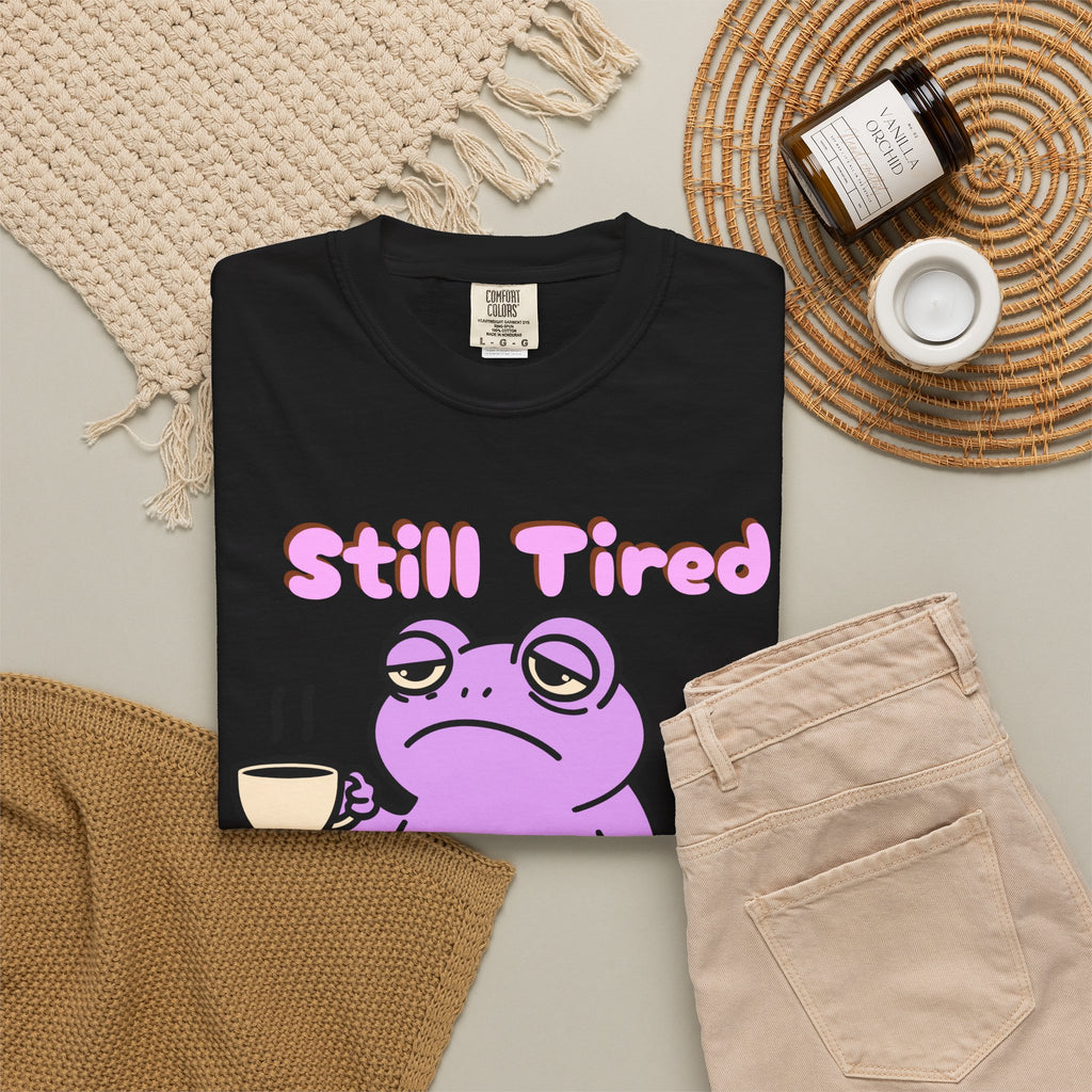 Still Tired Frog T-Shirt — Cute Exhausted Frog with Coffee & Luggage Graphic