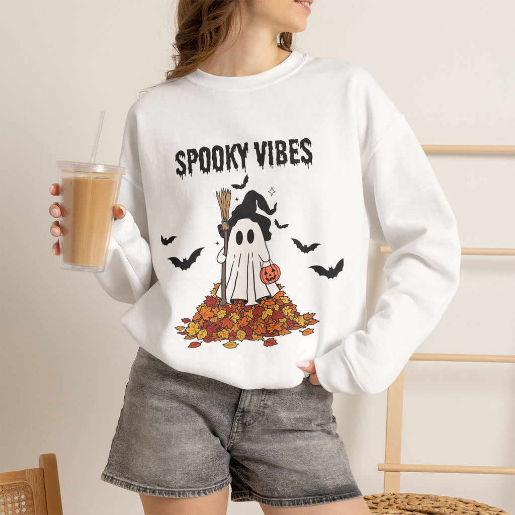 Spooky Vibes Sweatshirt — Cute Ghost & Fall Leaves Halloween Crewneck