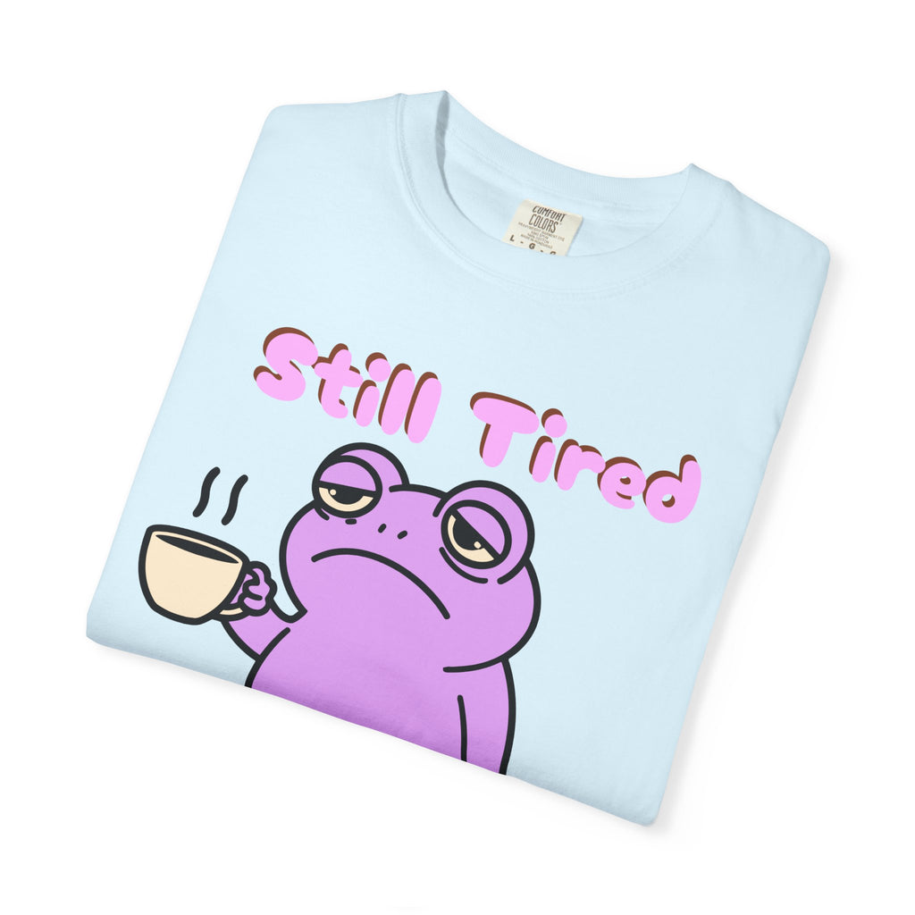 Still Tired Frog T-Shirt — Cute Exhausted Frog with Coffee & Luggage Graphic